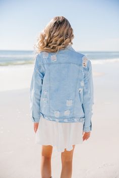 This is Judith March's custom denim jacket. The letters are so pretty and detailed. It is perfect to put any first or last name on it, or even get creative and design whatever you want it to say! Whether you want to buy it as a gift, keep it for yourself and wear it as an everyday jacket, or even wear them for a bachelorette weekend, this unique customized distressed jacket is sure to work for any occasion. Please see below for sizing information. Note, the custom denim jackets may come distress Spring Distressed Denim Jacket In Light Wash, Light Wash Ripped Cotton Denim Jacket, Ripped Light Wash Denim Jacket, Light Wash Distressed Denim Jacket For Summer, Spring Light Wash Ripped Denim Jacket, Light Wash Distressed Cotton Denim Jacket, Distressed Cotton Denim Jacket For Spring, Spring Distressed Cotton Denim Jacket, Boyfriend Denim Jacket