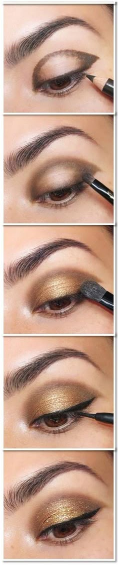 Gold Smoky Eye MakGold Smoky Eye Makeup Tutorial - Head over to Pampadour.com for product suggestions! Pampadour.com is a community of beauty bloggers, professionals, brands and beauty enthusiasts! Think I'd like a dk brown for liner...it would all have blended better...the eyeliner stands out a little bit too much here! by bbooky Eyeshadows Ideas, Gold Smoky Eye, Smoky Eye Tutorial, Brown Eye Makeup Tutorial, Make Up Mata, Khol Eyeliner, Gold Smokey Eye, Bentuk Alis, Gold Eye Makeup