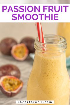 passion fruit smoothie in a mason jar with a striped straw on the top, surrounded by figs