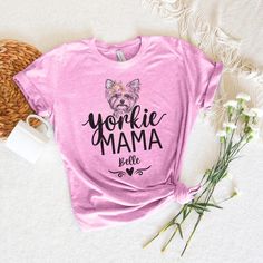 Custom Yorkie Mom T-shirt, Cute Yorkie Mama T-Shirt, Yorkie Mom Tee, Yorkie Mom T-Shirt, Custom Yorkie Dog Mom Gift, Cute Yorkie Mom Gift Welcome 🥰  Welcome to our Pawsome Prints shop! Where we want to give every pet owner the chance to "rep their pet" and show just how awesome they are.  How it works  👇 Let's be honest... becoming a fur mama is one of life's most memorable moments. Embrace the joy of becoming a fur mom with our stylish shirt, courtesy of Pawsome Prints! Simply type in the nam Short Sleeve Tops With Screen Print For Mother's Day, Mother's Day Short Sleeve Tops With Screen Print, Pink Screen Print Tops, Pre-shrunk Crew Neck T-shirt For Mother's Day, Funny Print Crew Neck Top For Mother's Day, Yorkie Mom Svg, Mother's Day Screen Print Short Sleeve T-shirt, Pink Screen Print T-shirt For Mother's Day, Mother's Day Crew Neck T-shirt With Screen Print