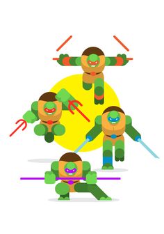 four ninjas are doing different poses in front of an orange ball and two swords