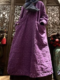 "【Fabric】 Linen Lining Cotton Filler Silk cotton 【Colort】 red, black, purple 【Size】 Shoulder width is not limited Bust 146cm/ 56\" Length 118cm/ 46\" Washing & Care instructions: -Hand wash or gently machine washable do not tumble dry -Gentle wash cycle (40oC) -If you feel like ironing (although should not be necessary) , do it with steam or while the dress is still slightly wet -Do not bleach If you like this dress, perhaps you will also like other dresses from our collection. Be sure to check our shop out before purchasing. Free shipping: Worldwide shipping, it takes about 20-25 business days to most of countries normally. Note: The actual product may differ slightly in color and design from the one in the images because of monitor brightness and settings. Have any questions please conta Long Jacket Women, Women Long Coat, Vintage Outerwear, Linen Coat, Long Coat Women, Women Coat, Coat Vintage, Purple Fabric, Long Jacket