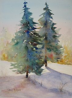 a watercolor painting of two trees in the snow