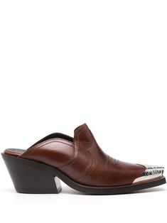 caramel brown calf leather Western-style panelling square toe metal toecap branded leather insole 50mm mid block heel slip-on style Western Mules Shoes, Brown Calf Leather Slip-on Mules, Brown Leather Mules With Sculpted Heel, Brown Modern Mules With Pointed Toe, Brown Square Toe Mules With Branded Heel, Modern Brown Pointed Toe Mules, Modern Brown Mules With Pointed Toe, Brown Square Toe Mules With Stacked Heel, Brown Mules With Contrasting Block Heel