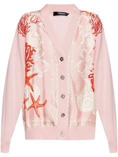 pink/beige/red virgin wool/silk panelled design signature Medusa Head buttons graphic print to the front V-neck front button fastening long sleeves ribbed cuffs and hem Versace Women Clothing, Versace Sweater, Versace Pink, Pleated Shirt Dress, The Cardigans, Silk Cardigan, Wool Mini Skirt, Pleated Shirt, Medusa Head