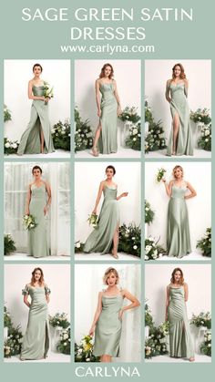 the sage green satin bridesmaid dress is shown in many different styles and colors