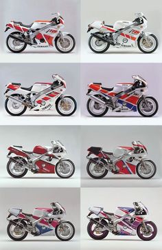 six different types of motorcycles are shown in this photo collage, all red and white