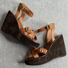 Gorgeous Vintage. Miu Miu Platform Wedge Sandals That Wrap The Ankle And Have A Crisis Cross Buckle Front. Size 36 1/2, Made In Italy. Smooth Brown Leather Strapping With Chocolate Brown Wedge Bottom. 4.25" Heel With A 1.25" Platform. Excellent Condition With Minimal Wear. Amazing. Brown Heel Strap Wedge Sandals For Summer, Brown Platform Wedge Sandals With Round Toe, Brown Wedge Sandals With Heel Strap For Summer, Brown Wedge Sandals With Heel Loop And Round Toe, Miu Miu Heel Strap Sandals For Spring, Miu Miu Sandals With Heel Strap For Spring, Brown Suede Wedge Sandals For Spring, Brown Wedge Sandals With Buckle Closure And Round Toe, Miu Miu Open Heel Heels For Summer