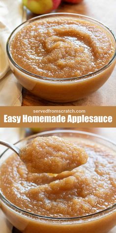 an apple sauce is being spooned into a glass bowl