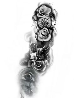 a black and white photo with roses on the side of a woman's arm