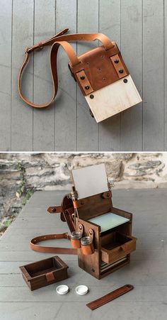 an old fashioned wooden box with leather straps and compartments on the inside is shown in two different views