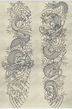 two dragon tattoo designs are shown in black ink on white paper, each with an intricate design