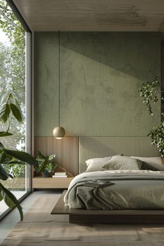 a large bed sitting next to a window in a room with lots of plants on the wall