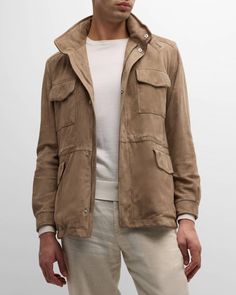 Get free shipping on Loro Piana Men's Suede Concealed-Zip Field Jacket at Neiman Marcus. Shop the latest luxury fashions from top designers. Corduroy Men, Loro Piana Men, Men Suede, Loro Piana, Field Jacket, Fine Fabric, Top Designers, Stand Collar, Light Brown