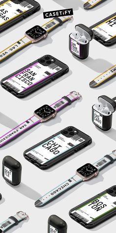 many different cell phones and watch bands are arranged in an array on a white surface