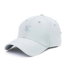 a white baseball cap with embroidered deer on the front and back side, sitting against a white background