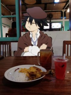 an anime character sitting at a table in front of a plate of food and drink