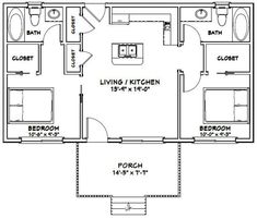 the floor plan for a two bedroom apartment with an attached kitchen and living room area