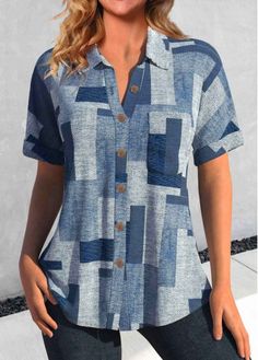 Color:Denim Blue;Size:S;Size:M;Size:L;Size:XL;Size:XXL;Package Contents:1 X Blouse;Occasion:Other;Style:Casual; Shirt Collar Blouse, Light Pink Shirt, Womens Trendy Tops, Trendy Tops For Women, Glad Rags, Chic Blouses, Blue Jumpsuits, Printed Jumpsuit, Printed Denim