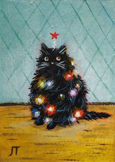 a painting of a black cat with christmas lights on it's fur sitting in front of a blue wall