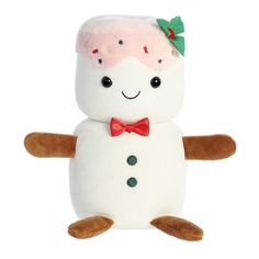 a white stuffed animal with a red bow tie on it's head and eyes