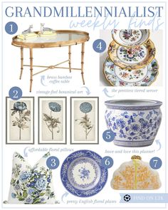 a bunch of blue and white items that include plates, bowls, vases and flowers