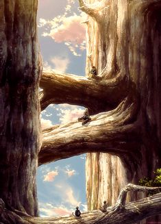 two people are standing in the middle of a tree trunk with sky and clouds behind them