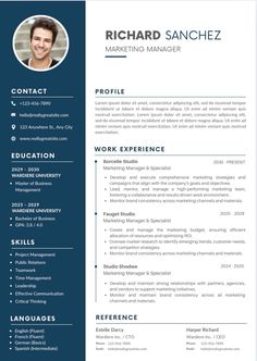 a professional resume template with blue and gray colors, includes an image of a man's face