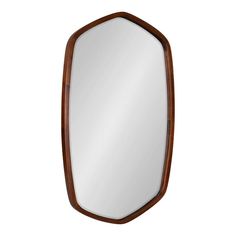 a mirror that is on the wall next to a white background and brown trimming