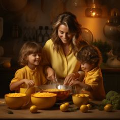 a woman and two children are preparing food