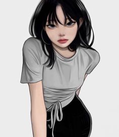 a drawing of a woman with black hair wearing a gray shirt and black pants, standing in front of a white background