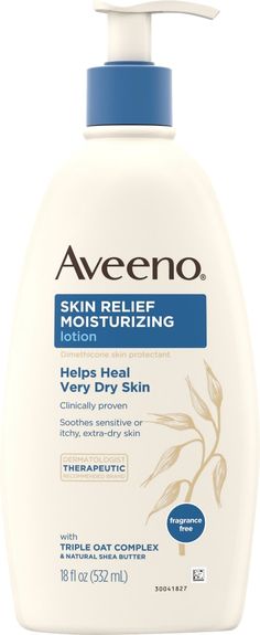 Aveeno Skin Relief Fragrance-Free Moisturizing Body Lotion is a rich, yet fast-absorbing lotion that helps heal and relieve very dry skin. Gentle enough for sensitive skin, the nourishing daily body lotion provides clinically proven soothing relief for itchy, dry skin with 48-hour moisture. This dimethicone skin protectant features a soothing Triple Oat and hydrating natural shea butter formula which includes oat flour, oat extract and oat oil that provides soothing relief for itchy, dry skin an Aveeno Skin Relief, Unscented Lotion, Dermatologist Recommended Skincare, Skin Care Lotions, Extra Dry Skin, Lotion For Dry Skin, Body Lotion Cream, Moisturizing Body Lotion, Skin Lotion