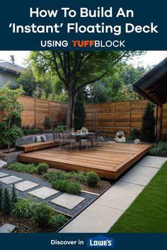 a backyard with a wooden deck and seating area