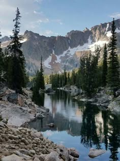 a mountain lake surrounded by trees and rocks