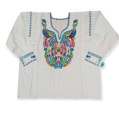 New, Perfect Conditions White Embroidery Peacock Blouse Long Sleeves Mexican Artisanal Please See Measurements White V-neck Top With Intricate Embroidery, White V-neck Blouse With Intricate Embroidery, White Folk Style V-neck Blouse, Traditional V-neck Tops With Intricate Embroidery, Traditional V-neck Blouse With Multicolor Embroidery, Blue Cotton Tops With Motif, Bohemian Blue Tops With Intricate Embroidery, White Long Sleeve Top With Embroidered Neckline, Traditional V-neck Top With Geometric Embroidery