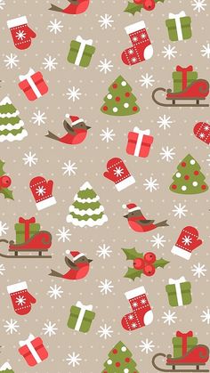 a christmas pattern with presents, birds and snowflakes on a brown background that is very similar to the santa clause