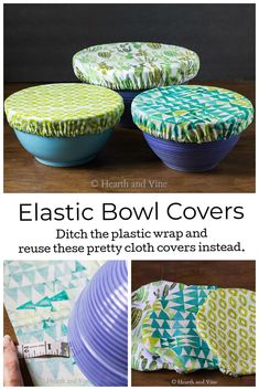 the instructions for how to make bowl covers with different patterns and colors, including blue, green