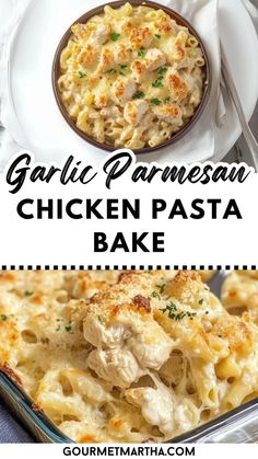 garlic parmesan chicken pasta bake in a casserole dish with text overlay