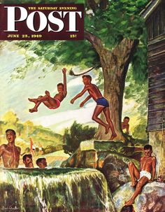 children playing in the water near a waterfall with their feet up and arms out, while others look on