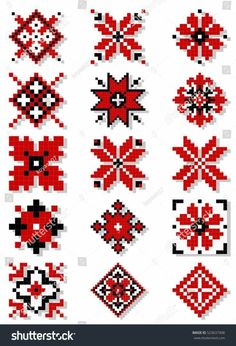 pixelated red and black cross stitched designs on white background stock photo edit now