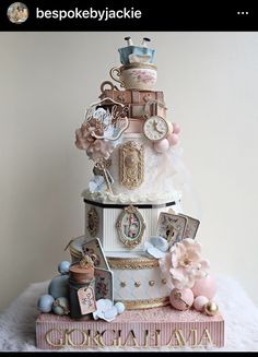 there is a very tall cake with many things on it