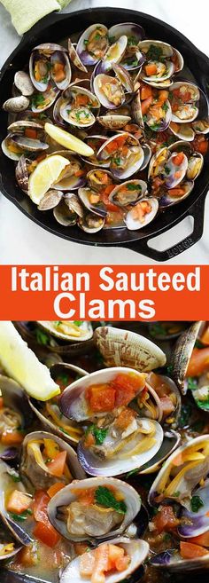 an image of italian seafood clams in a pan on the stove with text overlay