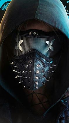 a man wearing a hood and mask with spikes on his face, in front of an abstract background