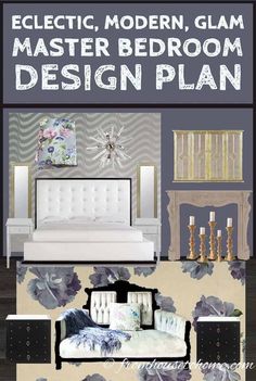 Dark Purple And White Master Bedroom Design Plan | Bedroom Decor Ideas Bedroom Design Plan, Eclectic Glam, Interior Decorating Tips, Apt Ideas, Modern Eclectic, Eclectic Modern, Luxury Bedroom