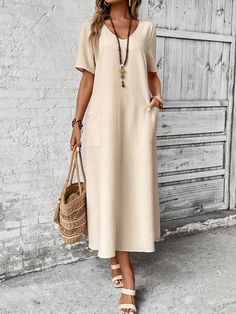 Plus Size Women's Solid Color Round Neck Short Sleeve Pocket Simple Loose Long Dress,Midi Women Dresses, Apricot Casual  Short Sleeve Woven Fabric Plain Tunic Non-Stretch  Women Plus Clothing, size features are:Bust: ,Length: ,Sleeve Length: Long Dress Casual Summer, Plain Tunic, Casual Sweatpants, Dress For Short Women, Women Long Dresses, Casual Summer Dresses, Kids Beachwear, Summer Dresses For Women, Plus Clothing