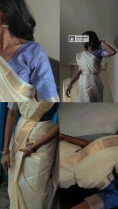 the woman is wearing a white sari