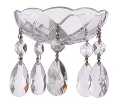 a glass bowl with crystal drops hanging from it's sides, on a white background