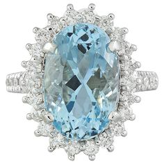 8.25 Carat Aquamarine 14K White Gold Diamond Ring - Fashion Strada Gia Certified Oval Topaz Ring For Formal Occasions, Formal Oval Topaz Ring Gia Certified, Oval Gia Certified Topaz Ring For Formal Occasions, Luxury Cluster Ring With Accent Stones For Formal Occasions, Luxury Formal Cluster Ring With Accent Stones, 14k White Gold Diamond Ring, Gem Diamonds, Zero Tolerance, Gold Diamond Ring