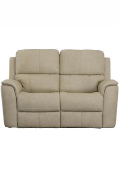 a beige reclining couch with two seats on the back and one arm facing forward