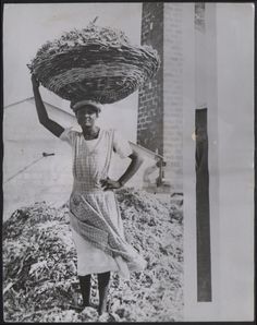 an old photo of a woman carrying something on her head